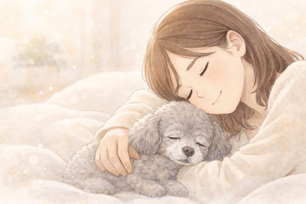 老犬と静かに寄り添い、自分なりの選択を受け入れる飼い主の穏やかな気持ちを表したイラスト