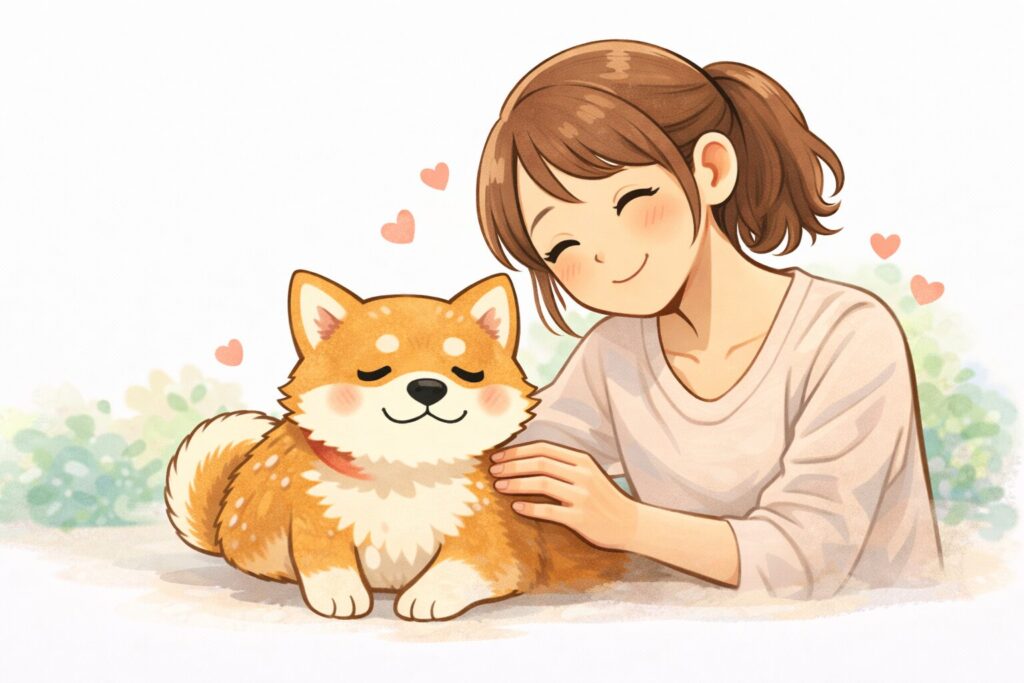 皮膚の赤みやフケが落ち着き安心した表情の柴犬と飼い主のイラスト