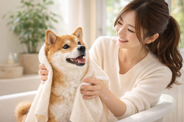 日本人女性がタオルで柴犬の体をやさしく拭き、シャンプー後のケアをしている様子