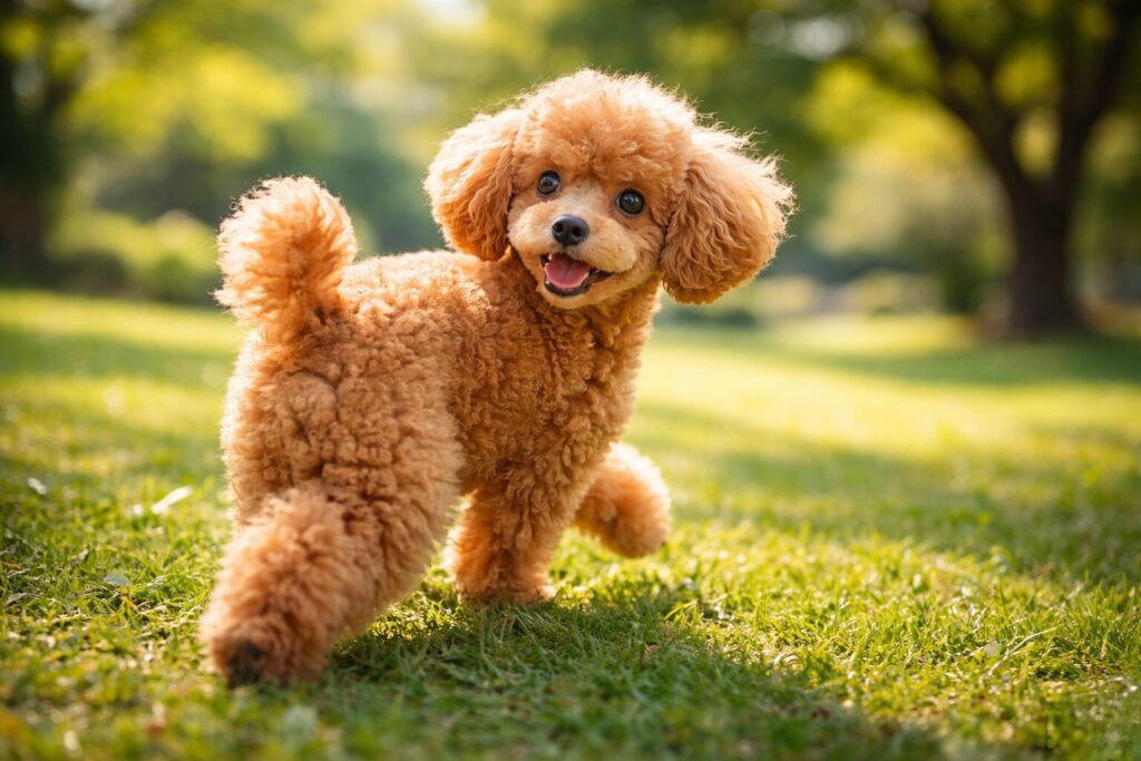 日中の公園を走りながら振り返るレッドのトイプードル