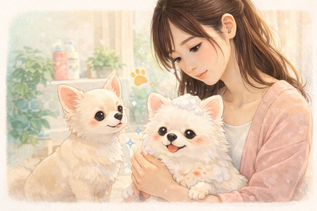 皮膚ケアを大切に考える飼い主と白ポメラニアン・チワワのイラスト
