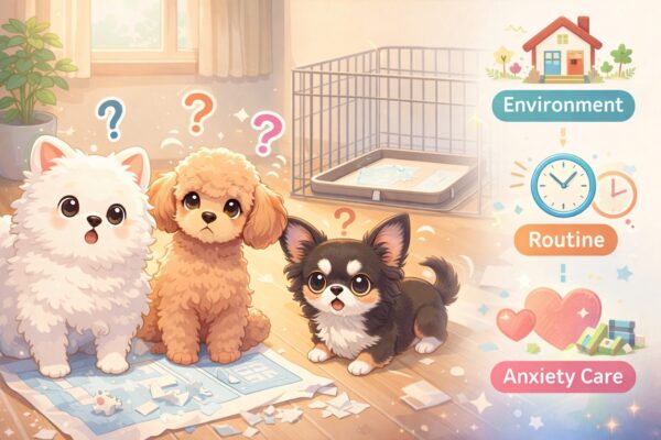 白ポメラニアン・アプリコットプードル・チワワがトイレシートの前で困っている様子と、環境・ルーティン・不安ケアのアイコン