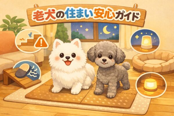 老犬が滑り止めマットやスロープ、夜用ライトのある室内で安心して過ごしているイラスト