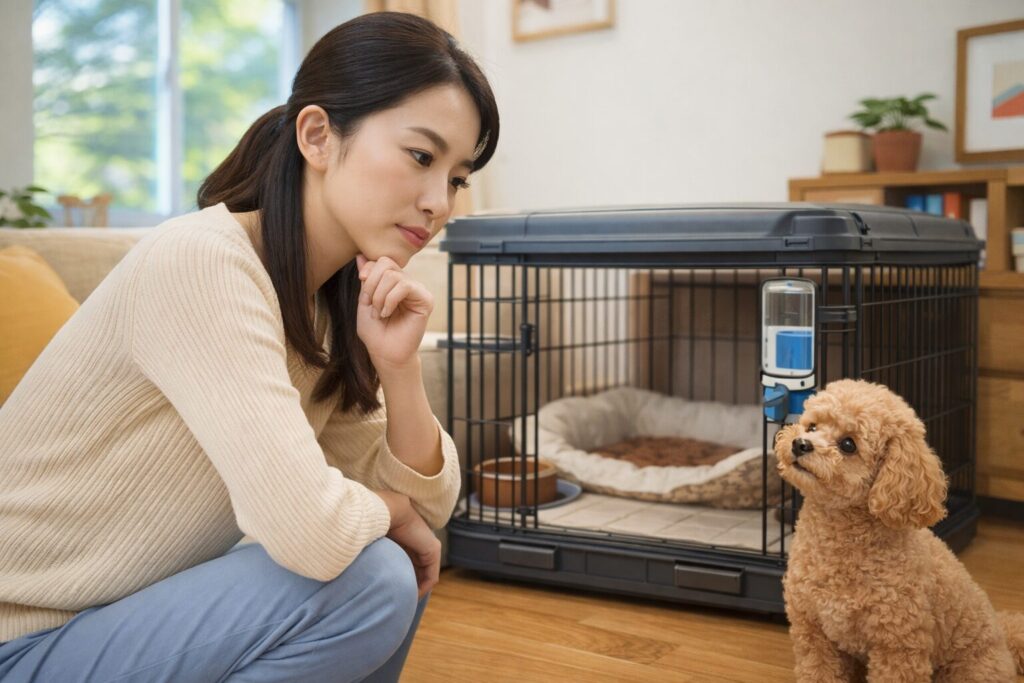 清潔感のある日本人女性がリビングで屋根付きケージを整え、アプリコットプードルと向き合っている様子。