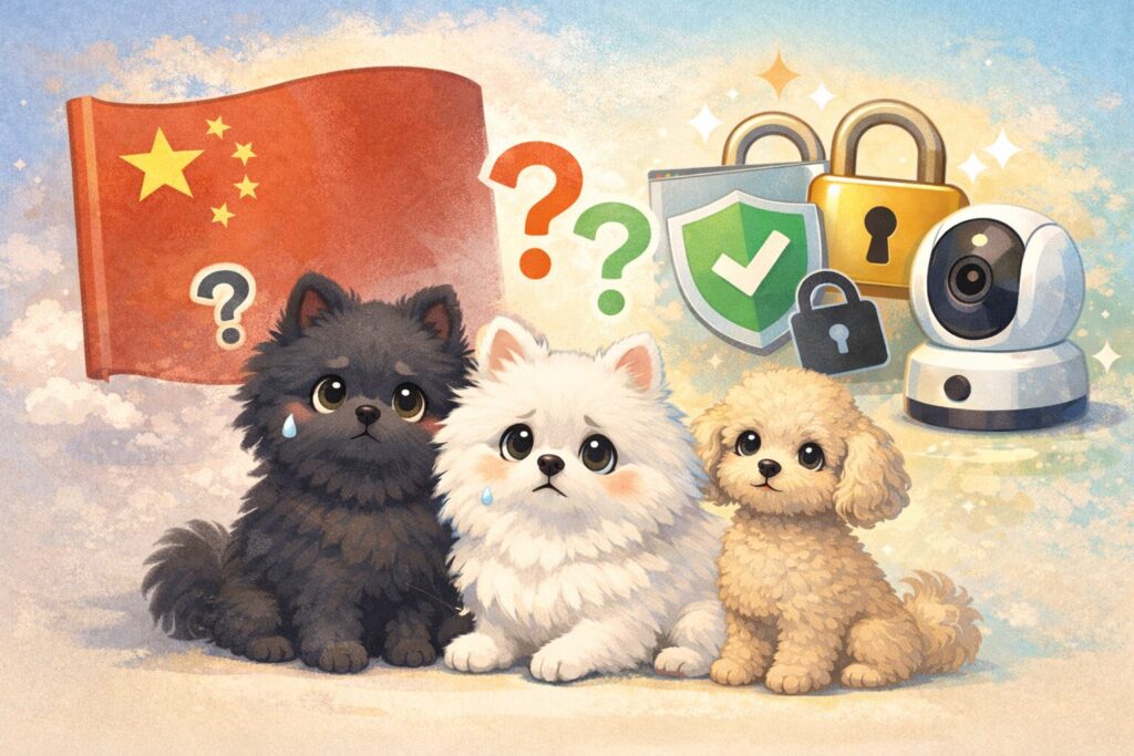 中国国旗と不安そうな黒ポメラニアンと白ポメラニアン、安心を示す盾と鍵アイコン、ペットカメラのイラスト