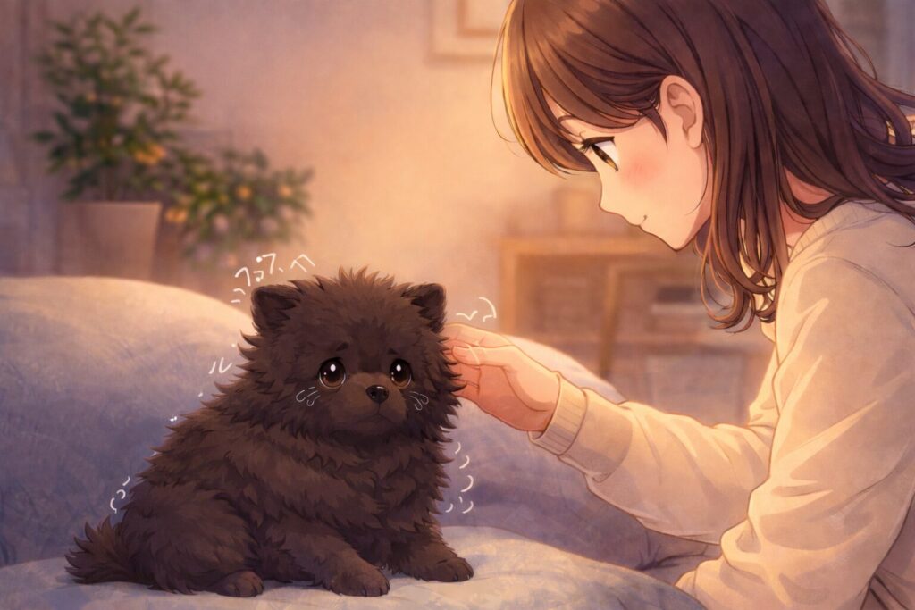 震える老犬を前に、落ち着いて様子を確認する飼い主のイラスト