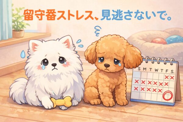 カレンダーの前で不安そうに座る白ポメラニアンとアプリコットプードルのイラスト