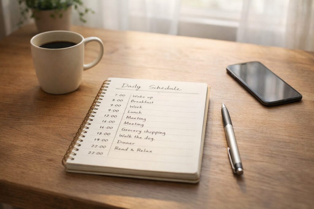 犬を迎える前に、1日のスケジュールを書き出して生活設計を確認するイメージ