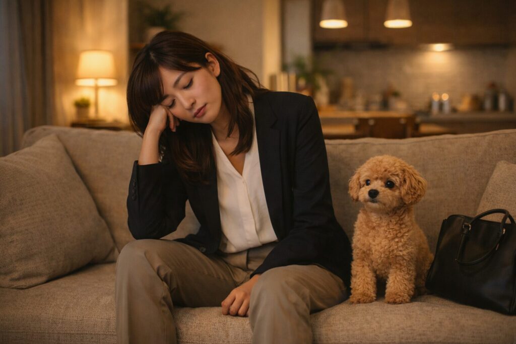 仕事で疲れて帰宅した飼い主と、そばにいる犬の生活シーン