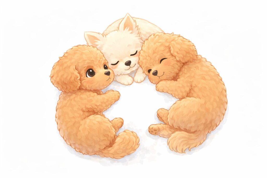 円になって寄り添うトイプードルと白ポメラニアンの優しいまとめイラスト
