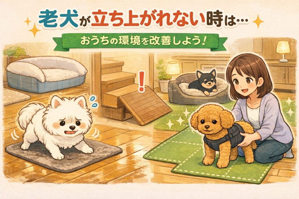 家の中で立ち上がろうとする老犬と、住環境を整えて支える様子を描いたイラスト