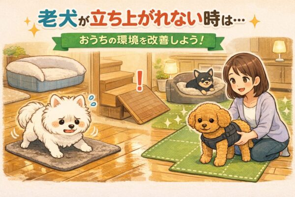 家の中で立ち上がろうとする老犬と、住環境を整えて支える様子を描いたイラスト