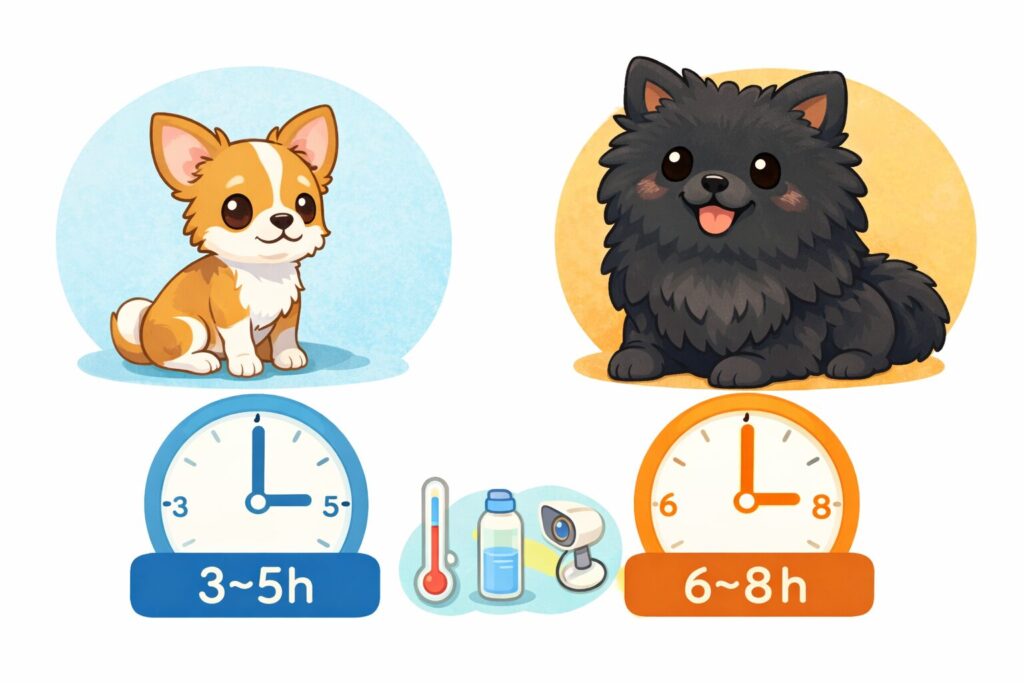 チワワの子犬と黒ポメラニアンの成犬が描かれたイラスト。留守番時間の目安（3〜5時間・6〜8時間）を示した図解画像。