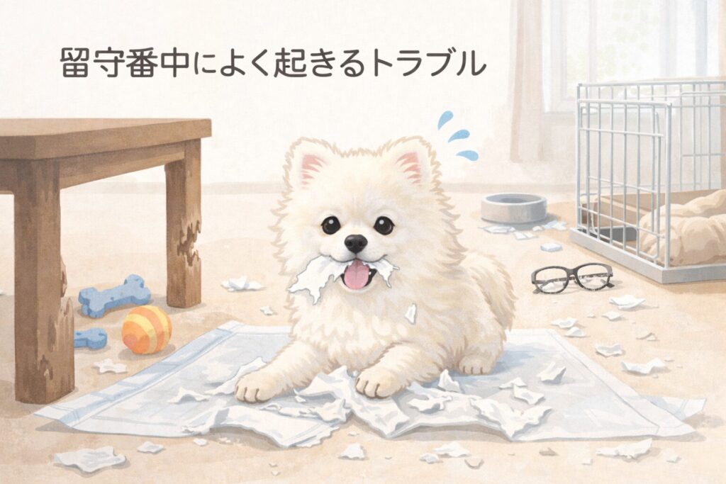 トイレシートを破ったり家具をかじる子犬のイラスト