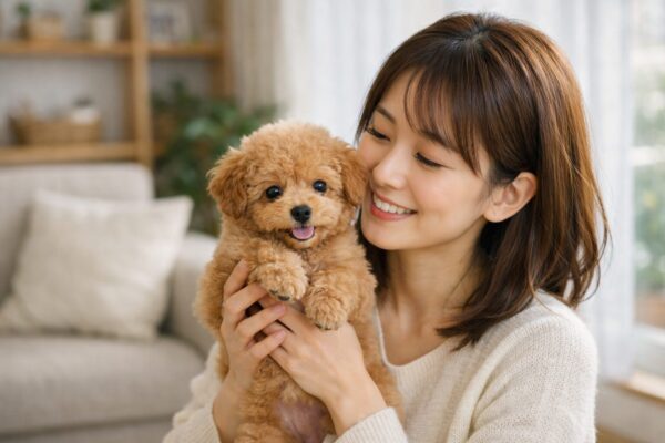 室内で優しく微笑む日本人女性がアプリコットのトイプードル子犬を抱いている様子