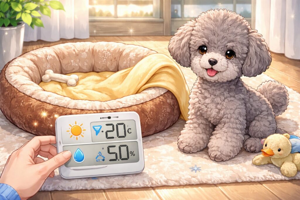 床付近の温湿度計と犬のベッドを示し、20℃前後・湿度40〜60％の目安を描いた可愛い図解イラスト