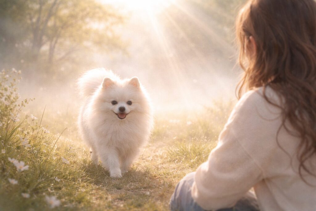 犬が近づいてくる夢をやさしく表現したイメージ