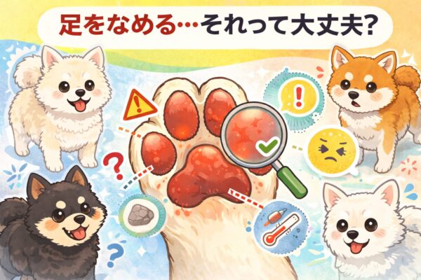足をなめる柴犬と炎症部分を拡大表示したアイキャッチ用イラスト