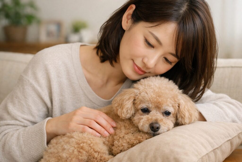 老犬のトイプードルを優しく抱き寄せる日本人女性の飼い主