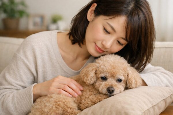 老犬のトイプードルを優しく抱き寄せる日本人女性の飼い主