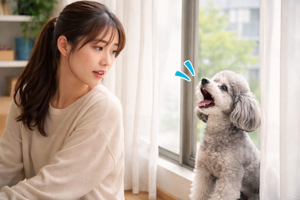 窓際で吠えるシルバートイプードルを心配そうに見る日本人女性の実写風写真