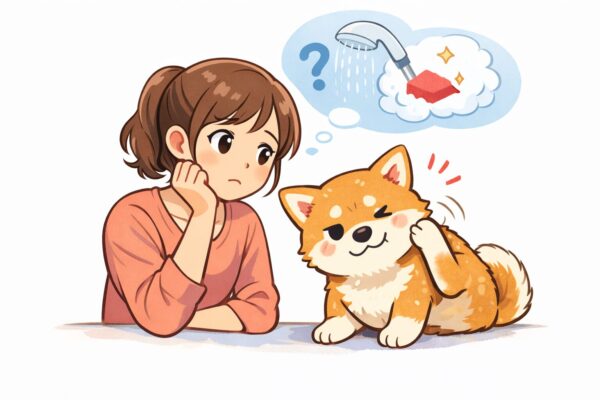 シャンプー後に体をかゆそうに掻く柴犬と心配する飼い主のイラスト
