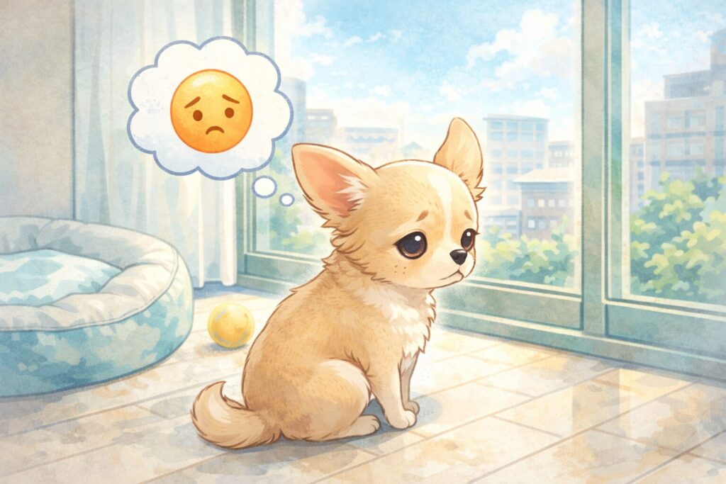 窓の外を見つめながら少し寂しそうに座るチワワのやわらかいタッチのイラスト