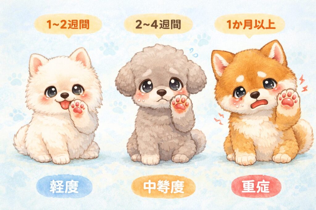 白ポメラニアン、シルバートイプードル、柴犬が並び、軽度から重症までの足の炎症状態を比較したイラスト。