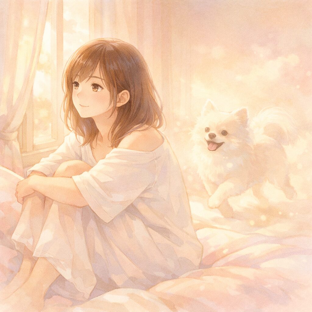 亡くなった犬の夢の意味をイメージした、朝の光の中で愛犬を思い出す女性のイラスト