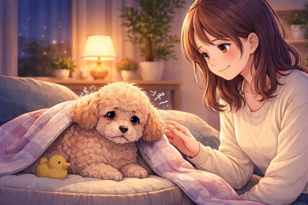 夜の室内で、不安そうに震える老犬をやさしく見守る飼い主のイラスト