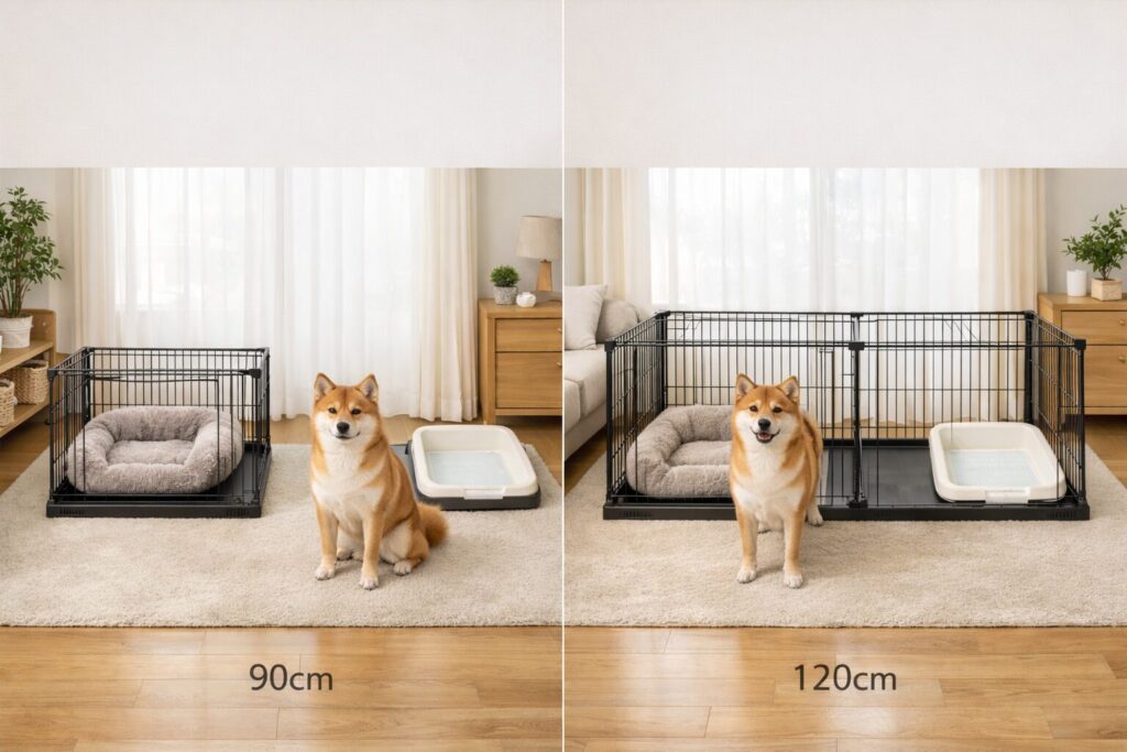 柴犬用ケージ90cmと120cmを横並びで比較した画像。120cmの方がトイレと寝床を分けやすい。
