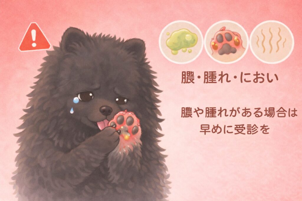 指の間が赤く腫れている黒ポメラニアンのイラスト