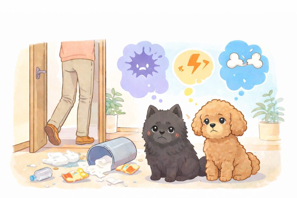 留守番で不安そうにする黒ポメラニアンとアプリコットプードルのイラスト