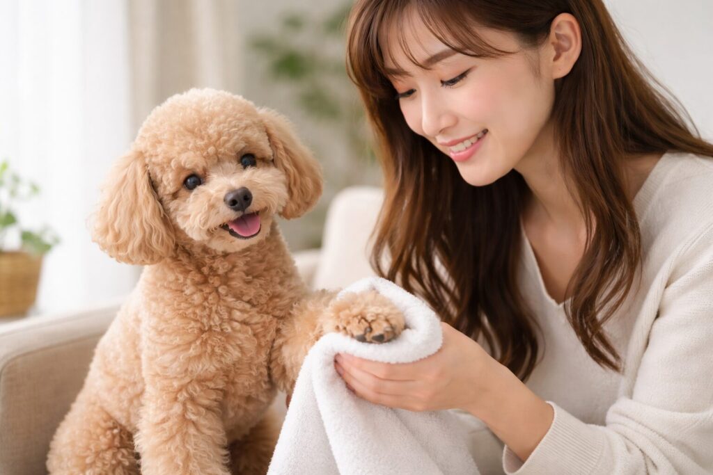 清潔感のある日本人女性がアプリコットプードルの足をタオルで優しく乾かしている様子。
