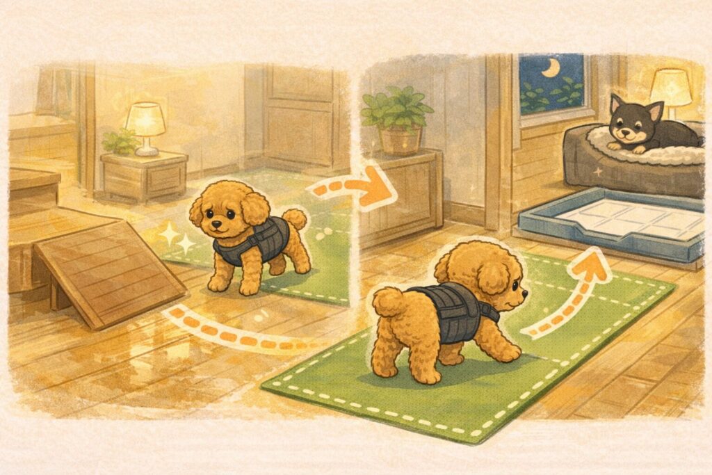 滑り止めマットの上で老犬を支える日本人女性と、安心した表情の犬の写真