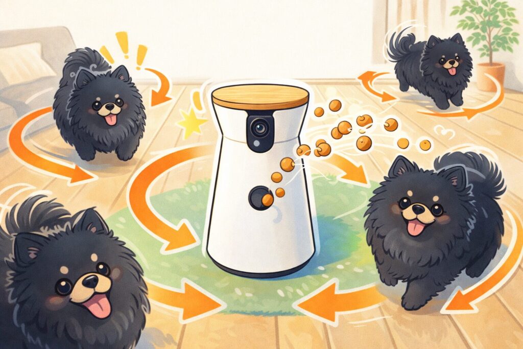 黒ポメラニアンを360度回転カメラが追尾しているイラスト