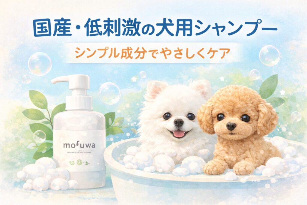 国産で低刺激設計のmofuwa犬用シャンプーと子犬のイラストイメージ