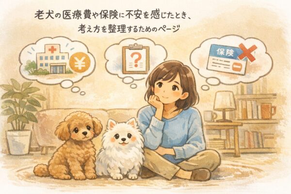 老犬の医療費や保険について悩む飼い主と犬をやさしく描いたイラスト