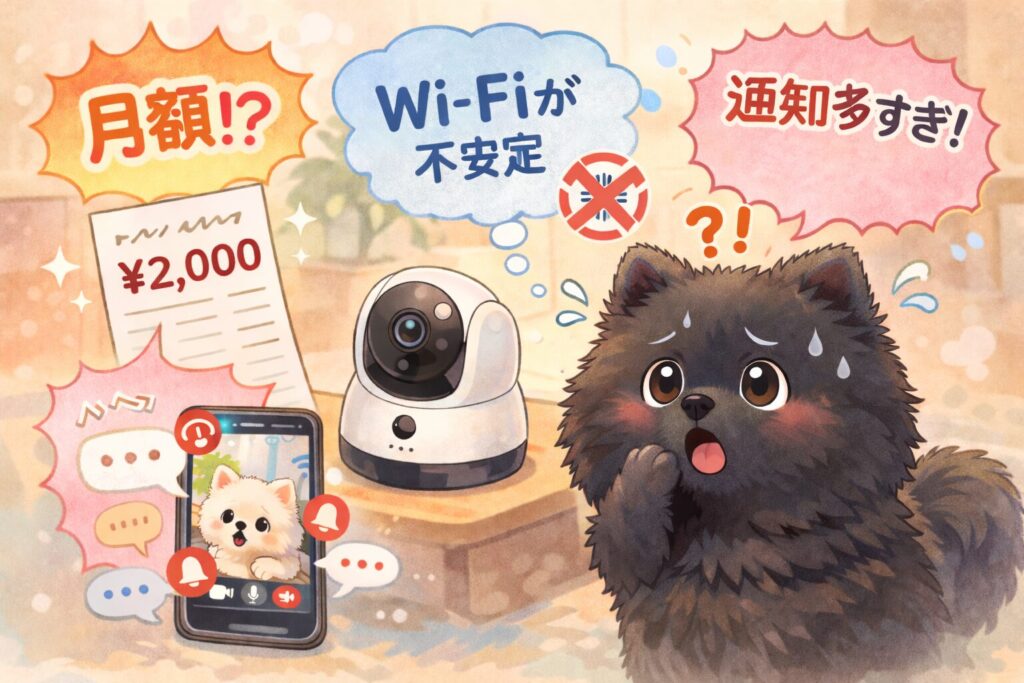 月額料金やWi-Fiトラブルに驚く黒ポメラニアンのイラスト