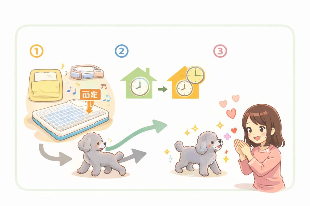 シルバートイプードルがトイレ環境を整え、留守番時間を伸ばし、飼い主に褒められる流れを示した3ステップ図