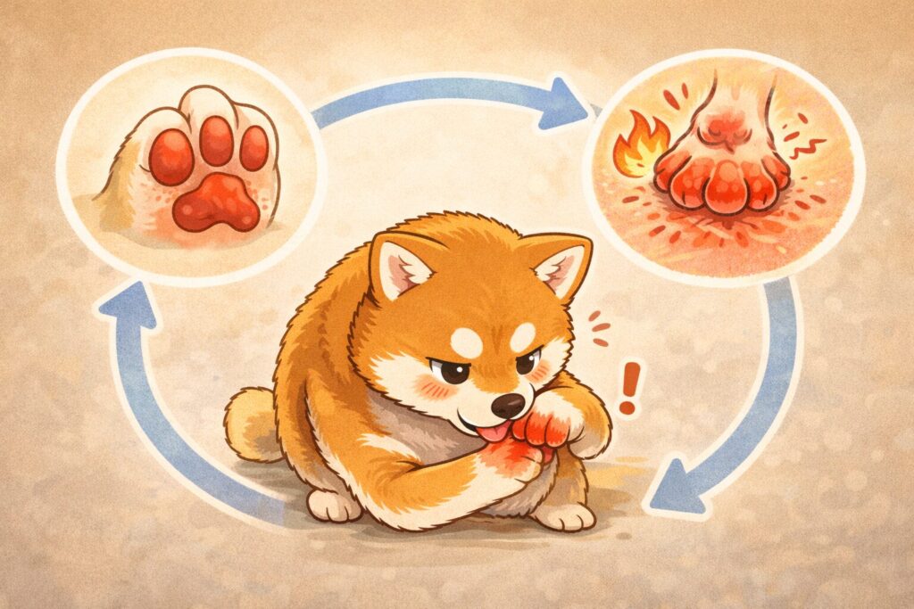 足をなめ続ける柴犬と炎症が広がる様子を循環矢印で示したイラスト