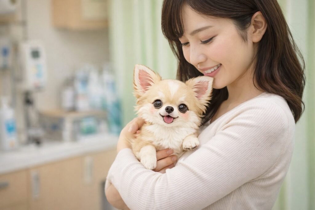 動物病院でチワワをやさしく抱っこする清潔感のある日本人女性
