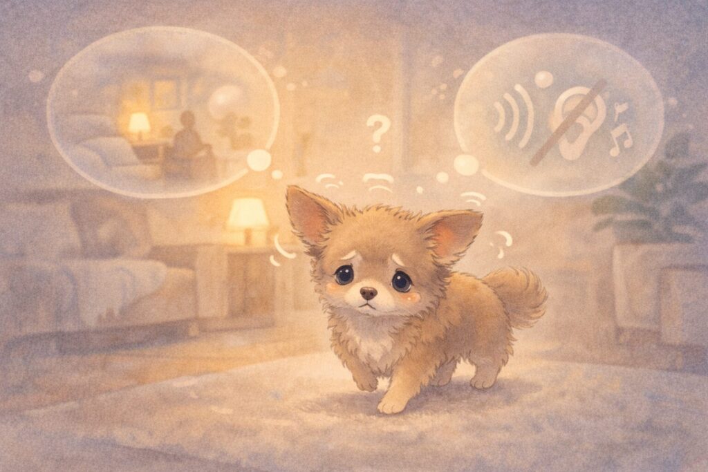 感覚の変化に戸惑い不安そうに立ち止まる老犬のイラスト