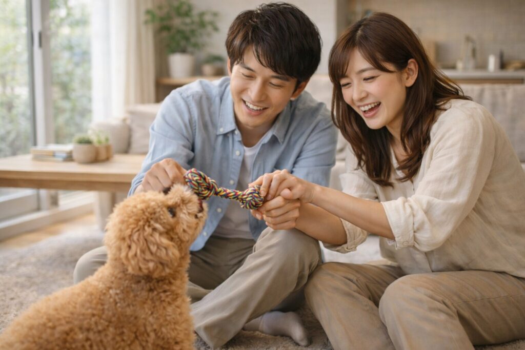 共働きの家庭が犬と落ち着いて過ごし、安心して暮らしているイメージ