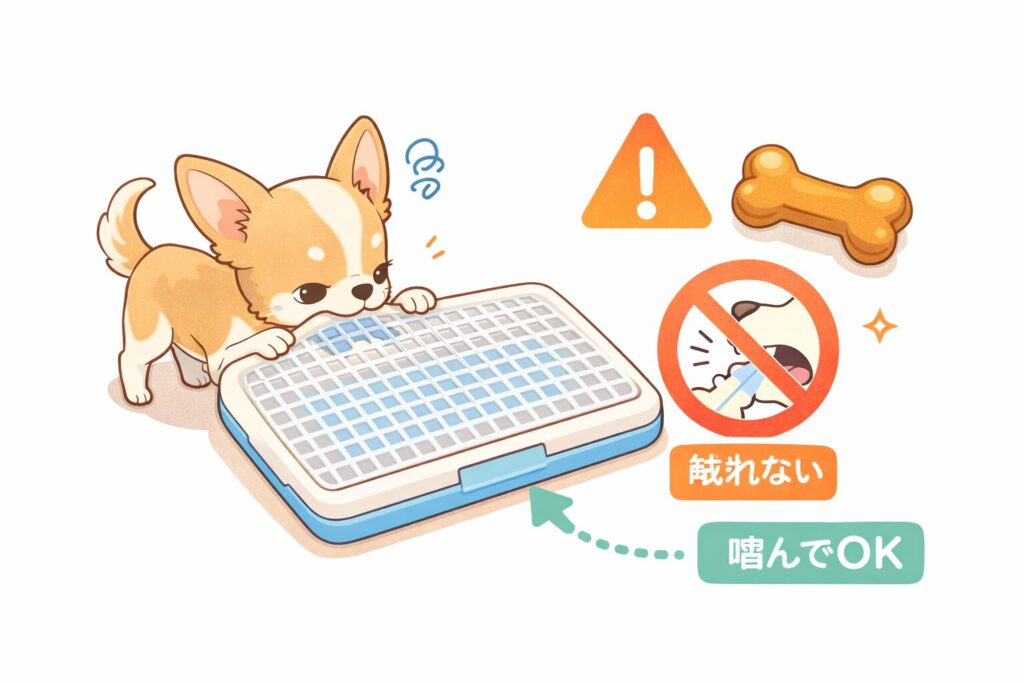 チワワがメッシュ付きトイレトレーの上でシートを噛もうとするが届かない様子と、噛んでOKおもちゃのイラスト