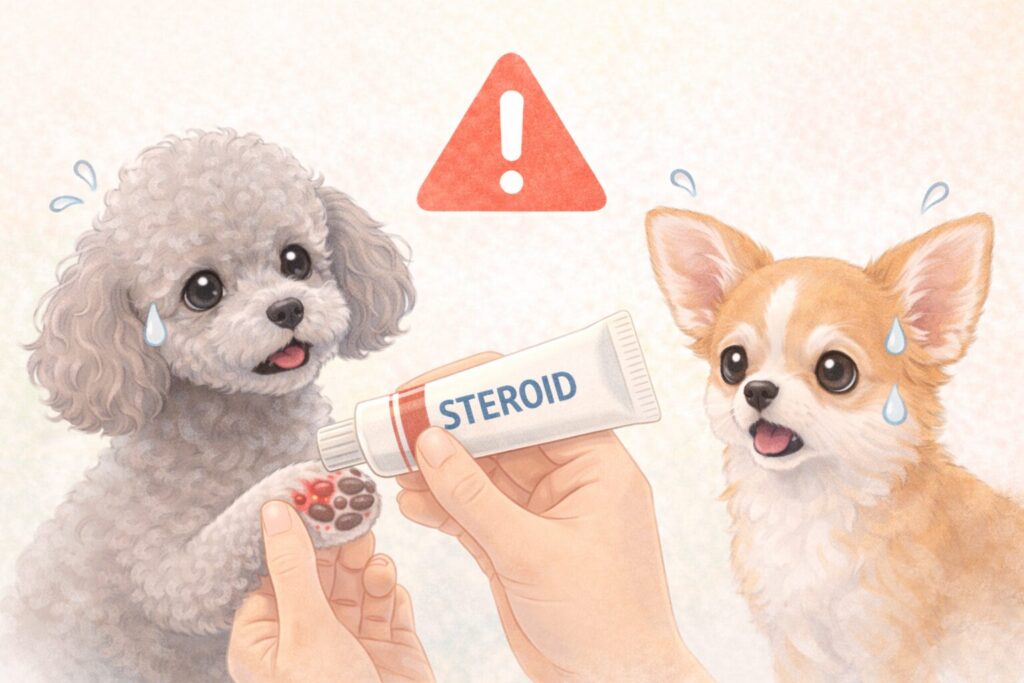 シルバートイプードルとチワワがステロイド薬を前に注意マークを示しているイラスト