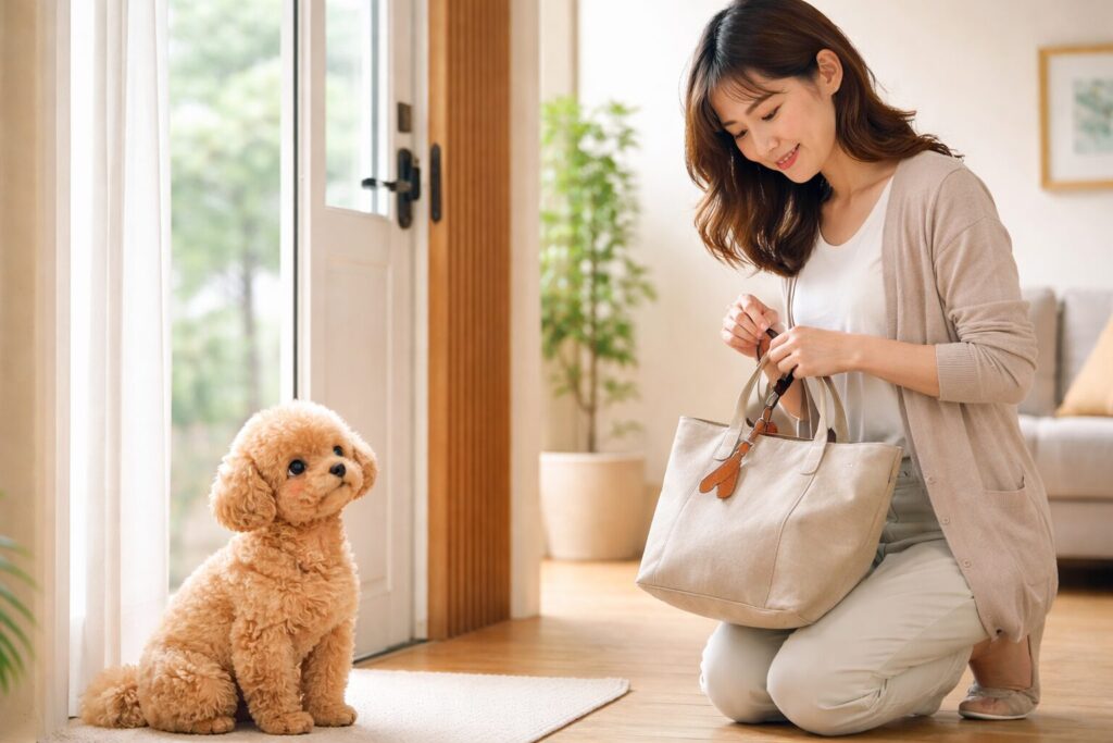 外出準備をする日本人女性を落ち着いて見上げるアプリコットトイプードル