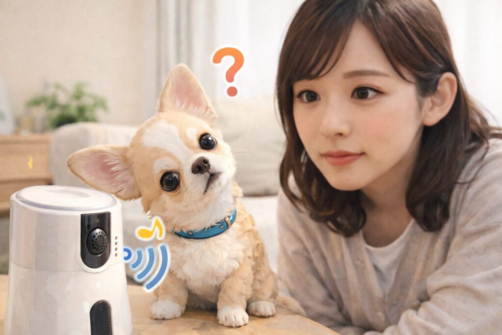 ペットカメラからの音に首をかしげるチワワと様子を見る日本人女性