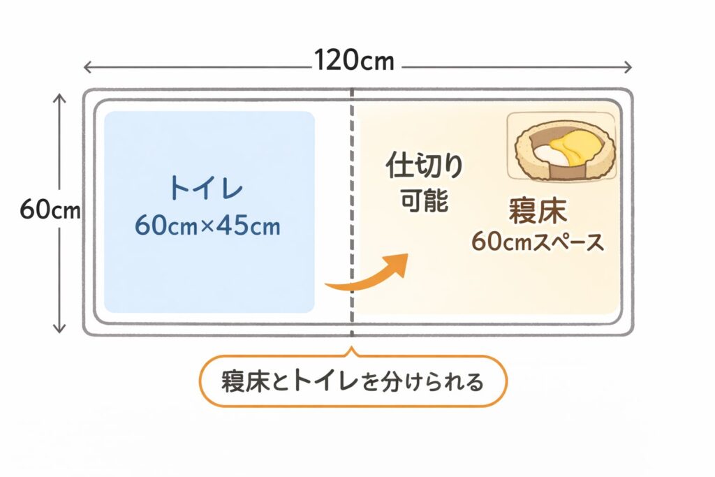 柴犬 留守番 ケージ 120cm レイアウト例 トイレと寝床を分けられる図