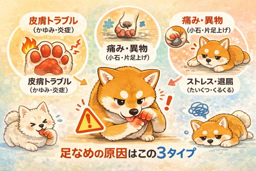 皮膚トラブル・痛みや異物・ストレスの3つの原因を図解した柴犬のイラスト